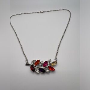 Branch Leaf Multi Gemstone Simulants Silver Tone Necklace